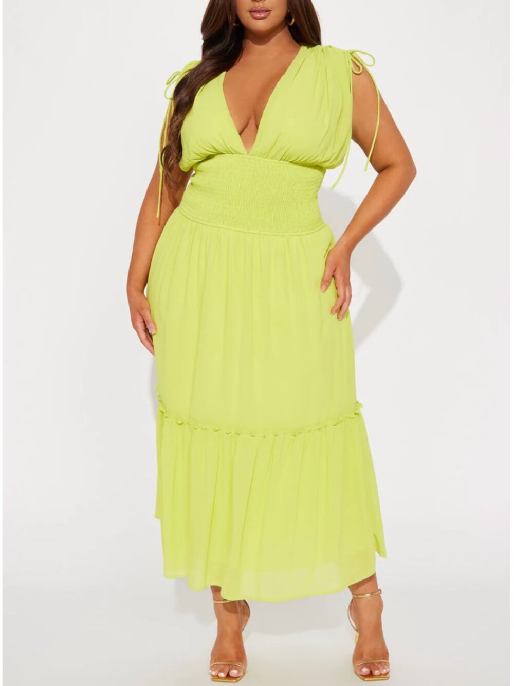 Fashion Nova Lime Green Maxi Dress 1X Ruched Bodycon Brunch Summer Dress